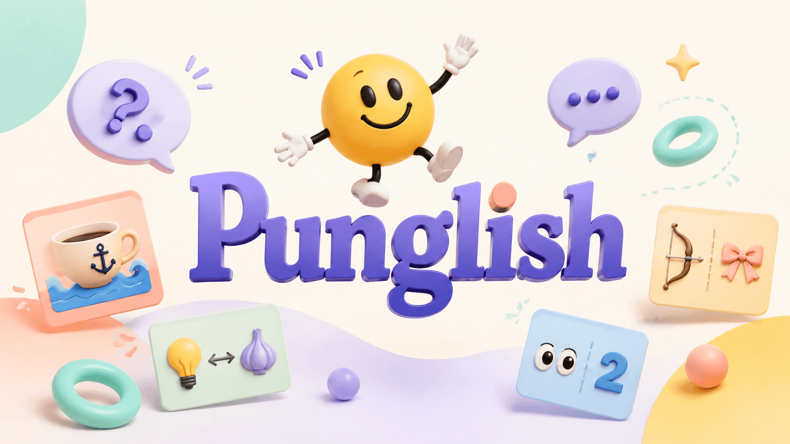 Punglish English puns and wordplay learning cover with a smiley character and pastel language cards