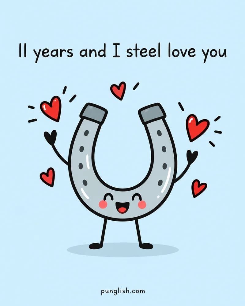 A cheerful steel horseshoe surrounded by red hearts