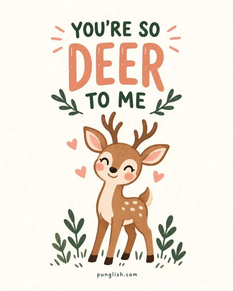 A smiling young deer surrounded by leaves and hearts