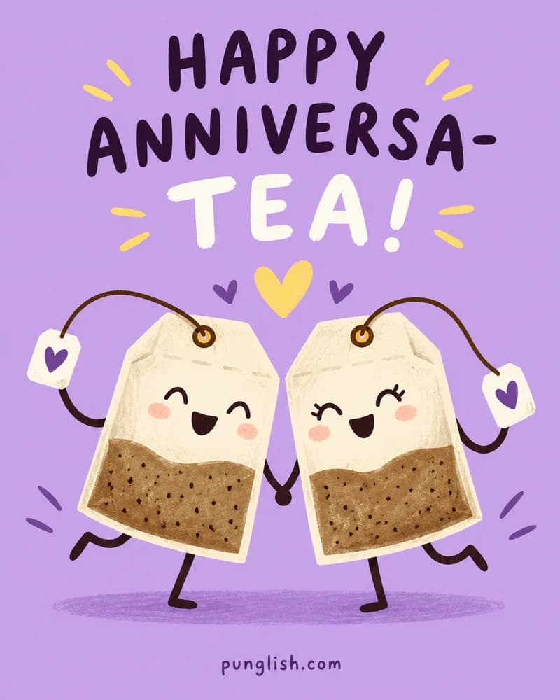 Two smiling tea bags celebrating a happy anniversa-tea