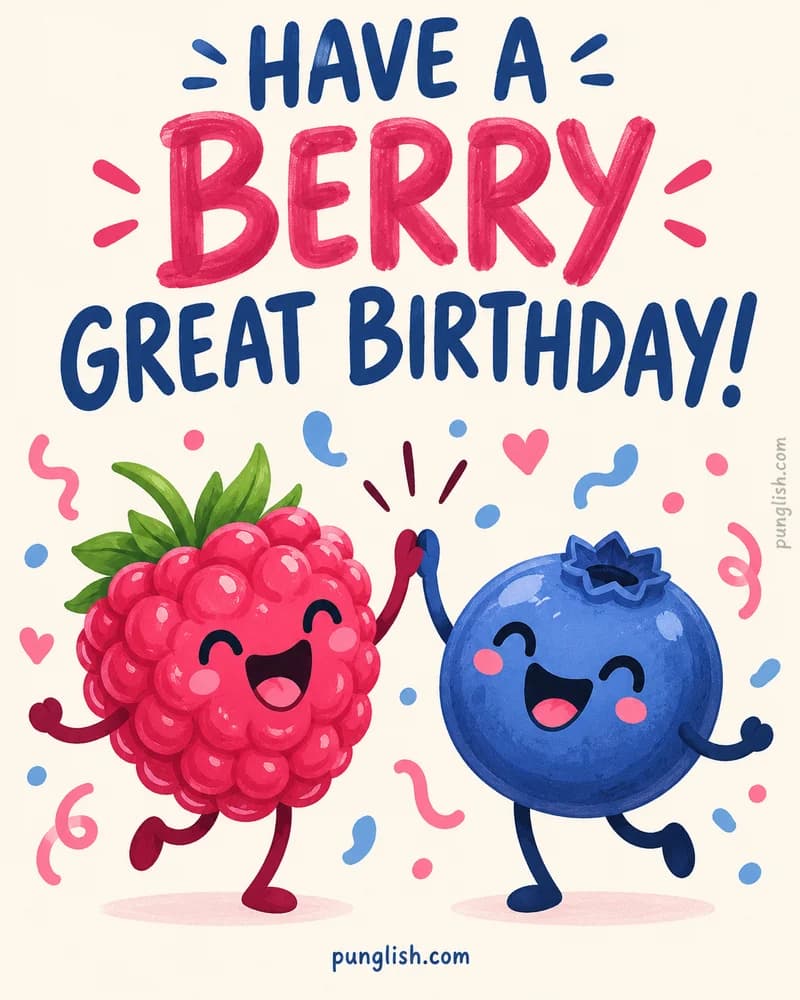Smiling raspberry and blueberry high-fiving at a birthday party