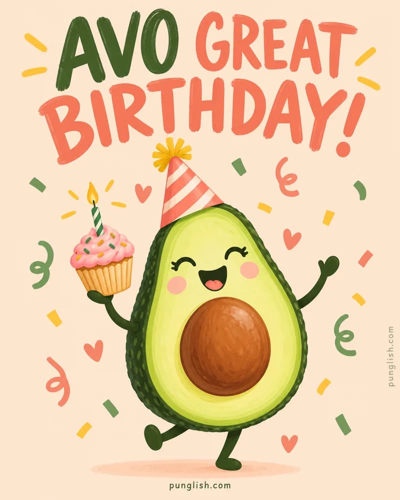 Happy avocado holding a cupcake on a birthday card