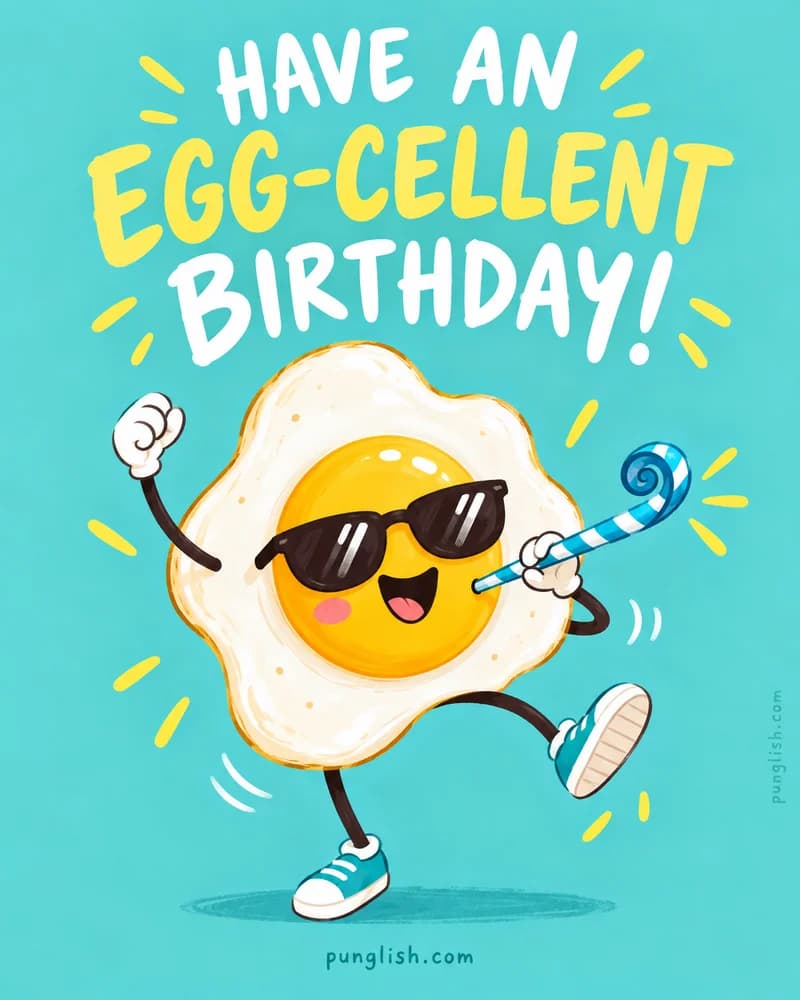 Sunny-side-up egg wearing sunglasses and dancing with a party horn