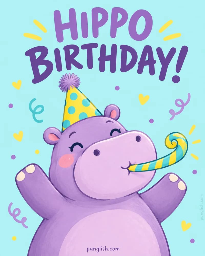 Purple hippo wearing a party hat and blowing a party horn