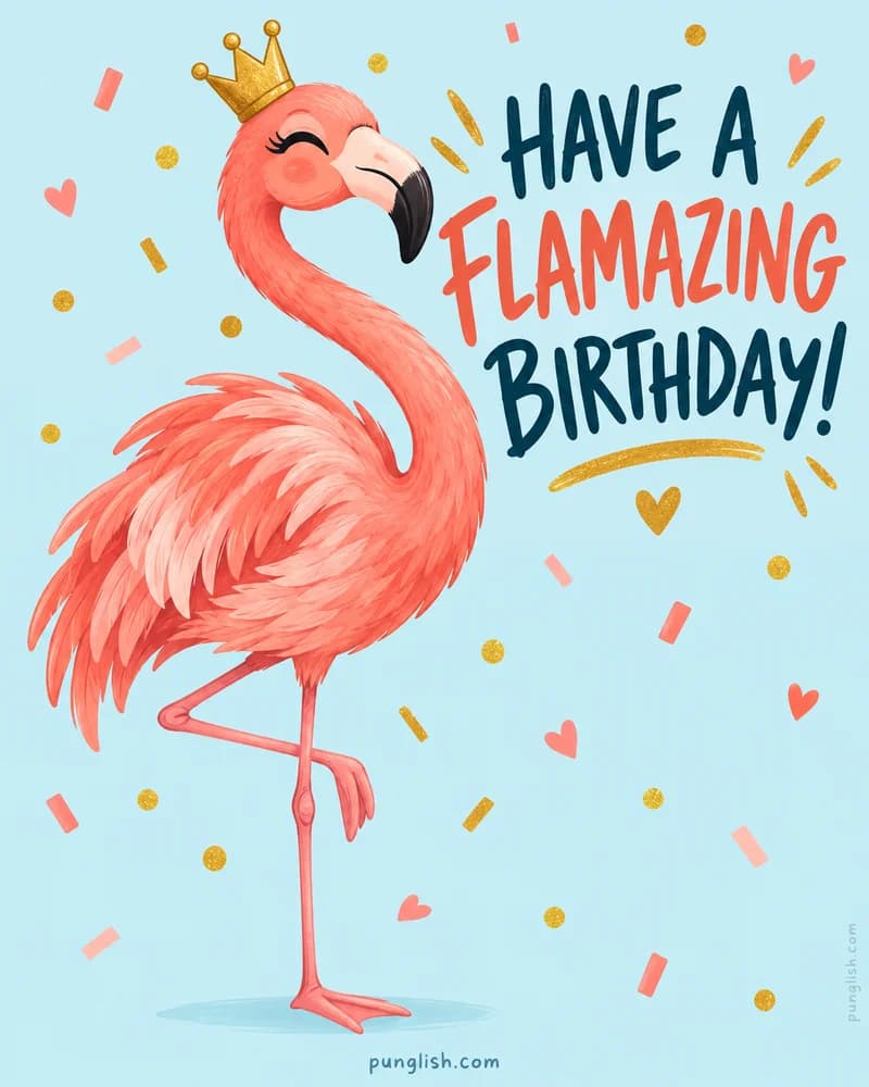 Coral flamingo wearing a crown on a flamazing birthday card