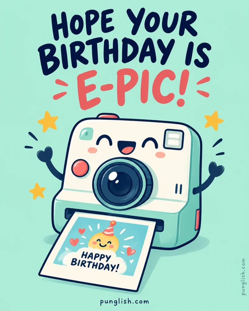 Smiling instant camera printing a colorful birthday picture